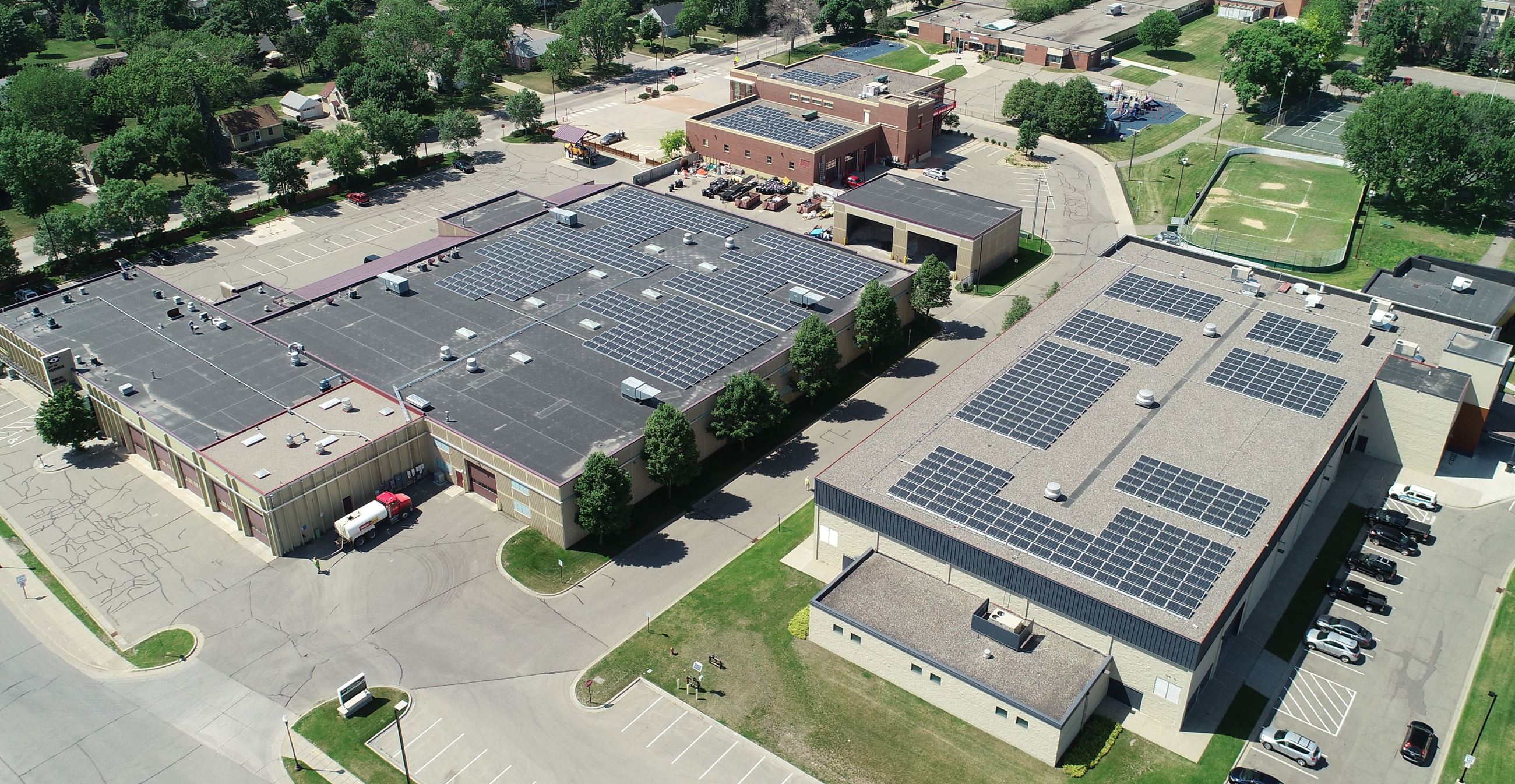Solar panels on the roof of the Public Works building, the Pavilion and the Fire Department