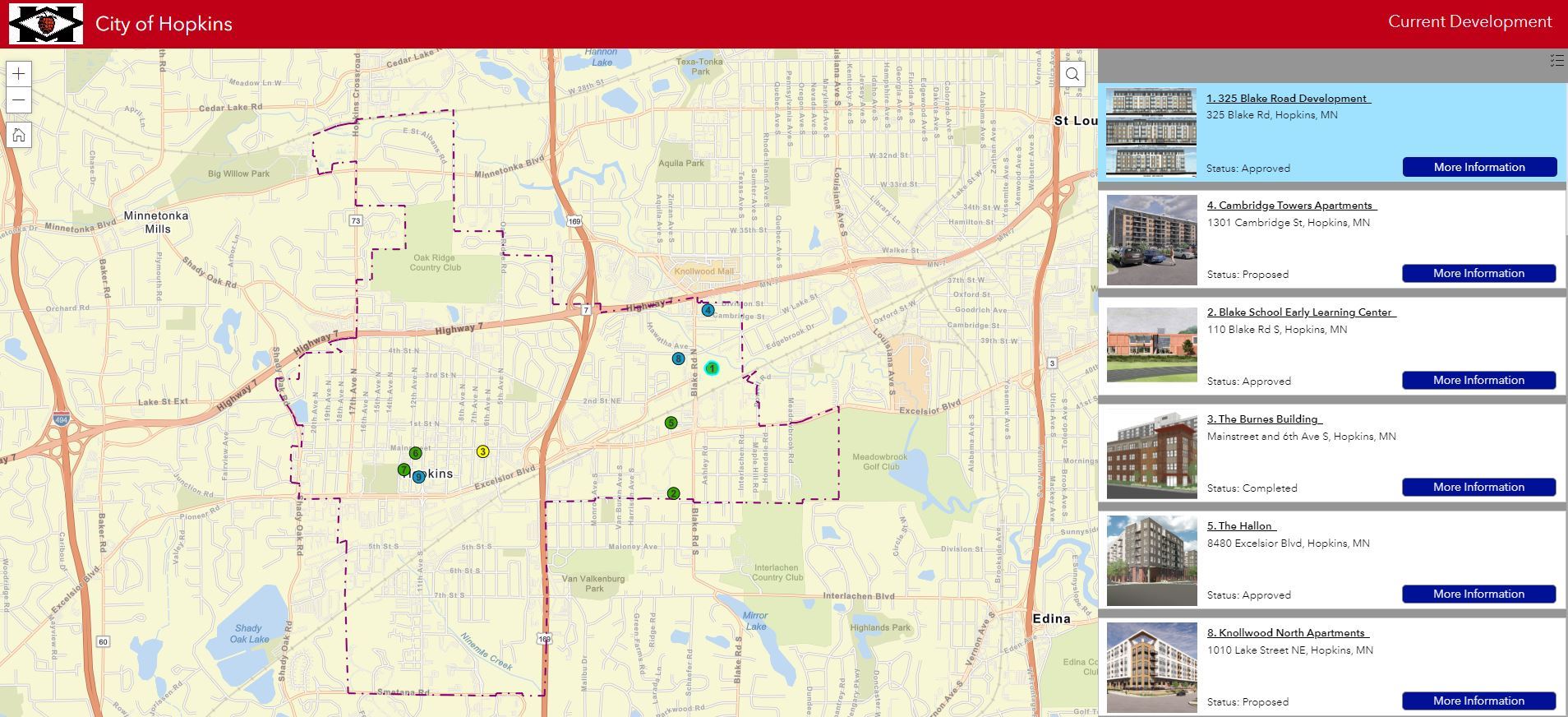 A map showing development projects in the city